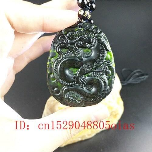 Certified Chinese Natural Black Green Jade Dragon Pendant Beads Necklace Charm Jewelry Obsidian Carved Amulet Gifts for Women