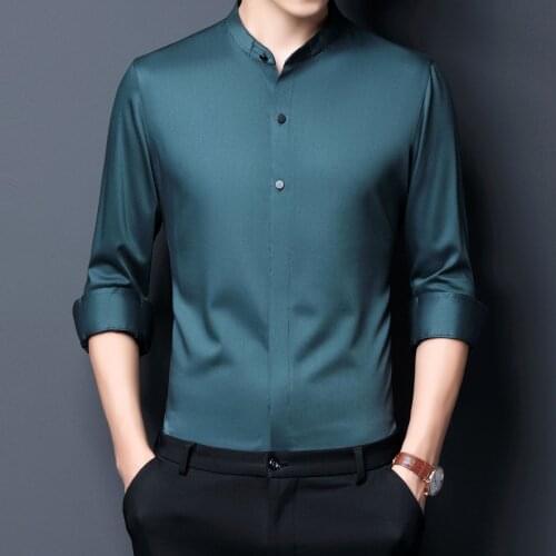 Silk Mens Shirt Social Elegant Mandarin Collar Gentleman Clothes Mens Office Wear Oversize Green Blouse Plain Claret Shirts Blue