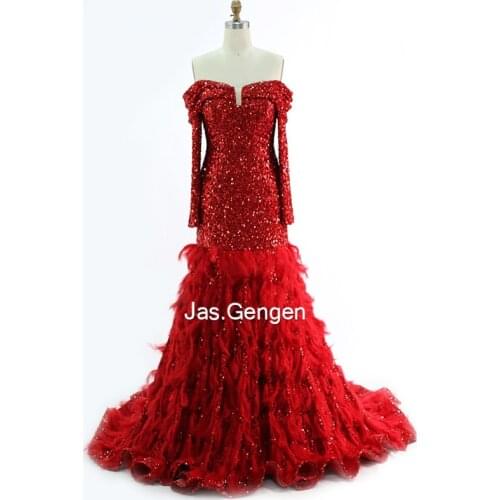 Bling Long Sleeves Sequins Evening Dress Off shoulder Pleat with Feather A Line Red Color Party Prom Gowns 2020
