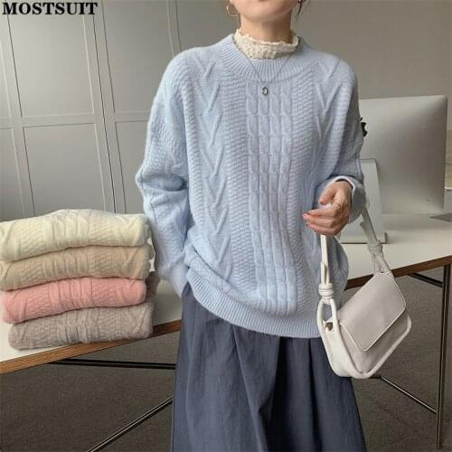Vintage Twisted Knitted Pullover Sweater Women Autumn Winter Full Sleeve O-neck Jumpers Solid Elegant Loose Female Tops 2021