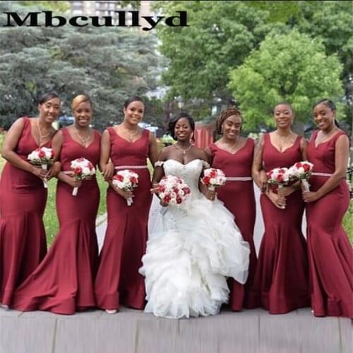 Mbcullyd Dark Red Long Bridesmaid Dresses With Ruffles 2020 Sexy V-neck Mermaid Wedding Guest Dress Robe Demoiselle D'honneur
