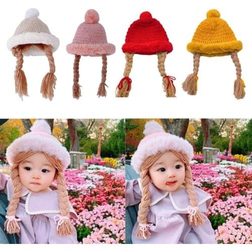 Warm Soft Plush Ball Pompom Kids Handmade Knitted Cap with Braids Children Autumn Winter Fashion Wigs Hat Plaits Bonnet