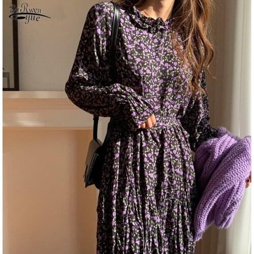 Vintgae High Waist Pleated Dress Purple Floral Print Chiffon Dress Ruffled Midi Long Dresses Long Flare Sleeve Dresses 14153