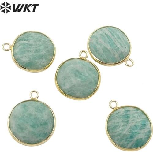 WT-P1525 WKT Natural Stone Pendant Round Amazonite Pendant Gold Electroplated Fashion Vintage Necklace Pendant Jewelry