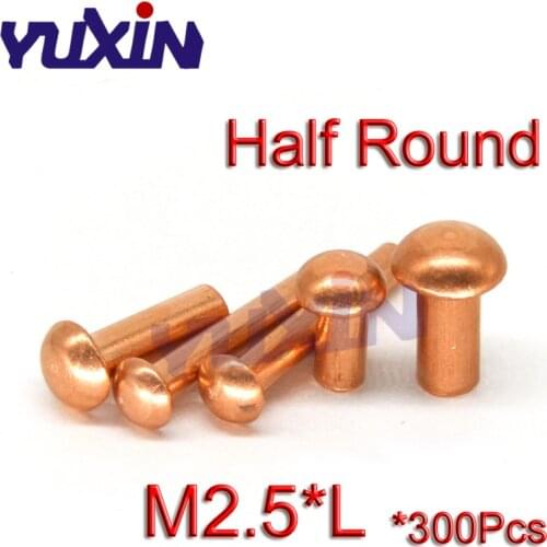 300Pcs GB867 M2.5*L Copper Rivet Pan Head Solid Rivets Brass Half Round Solid Rivet Cap Nail 3-12mm Length 2.5mm Diameter