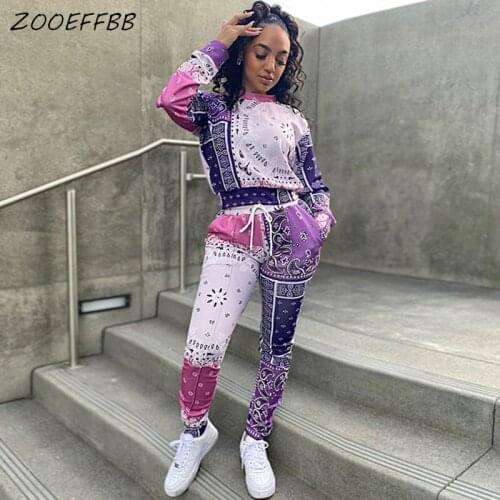 ZOOEFFBB Fall Bandanna Print 2 Piece Set for Women Tracksuit Long Sleeve Tops Sexy Sweatpants Lounge StreetWear Matching Sets