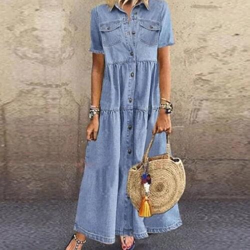 Summer Denim Dress Women 2021 Casual Button Up Pocket Blue V-Neck Short Sleeve Maxi Dresses Plus Size Long Dresses Vestidos 5XL
