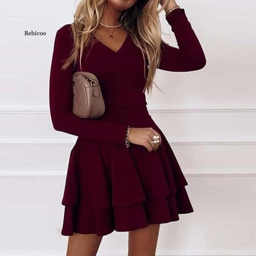 Spring Autumn Elegant Solid Color Ruffle Party Dress Women Sexy V-neck Long Sleeve A-Line Dress Ladies Fashion Loose Dress