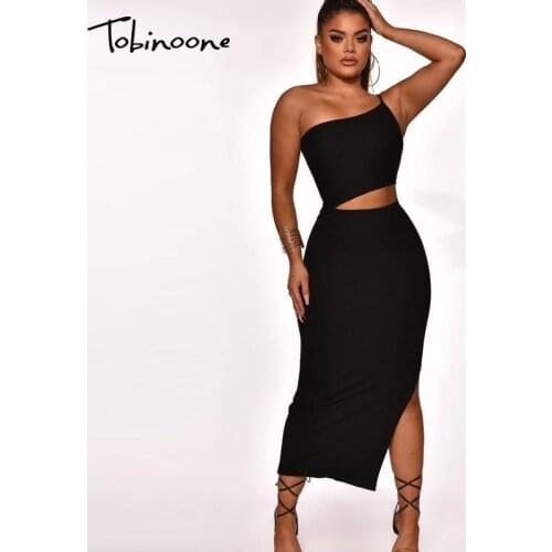 Tobinoone One Shoulder Split Sexy Black Dress Women Cut Out Sleeveless Backless Bodycon Midi Dresses Summer Evening Party Robe