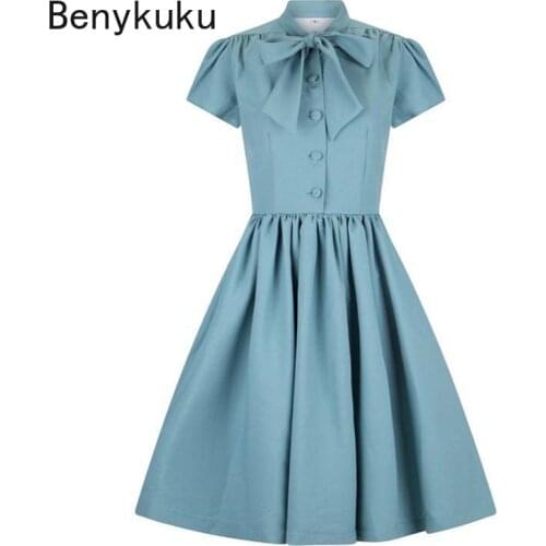 Bow Tie Neck Button Up Elegant Summer Dress Solid Color Office Pleated Dress Women Pinup 40s 50s 60s Vintage Rockabilly Dresses