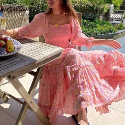 Women Summer Floral Print Long Dress Puff Sleeve Square Collar Pleated Ruffles Dresses Party Holiday Dresses Sundress NZ3788