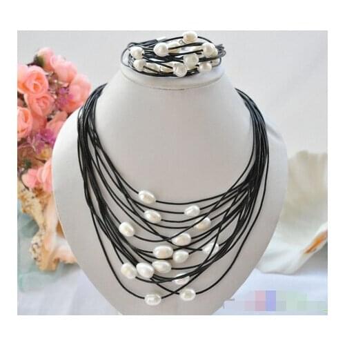 15row 11-13mm white rice pearl black leather necklace & bracelet
