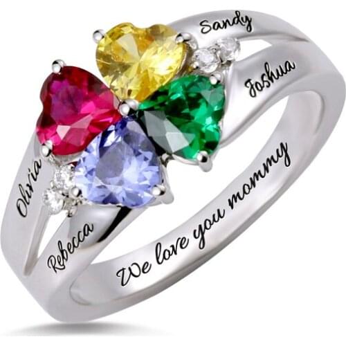 4 Heart Shape Birthstone Custom Ring Men Women S925 Silver Personalized Engraved Names Rose Gold Color Rings Jewelry Present