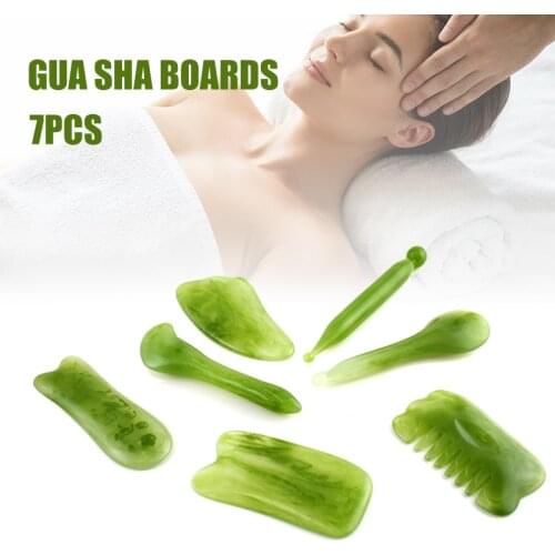 Hot 7 Pcs Scraping Massage Tool Kits Spa Skin Facial Natural Resin Scraper Board Healing Stone Set