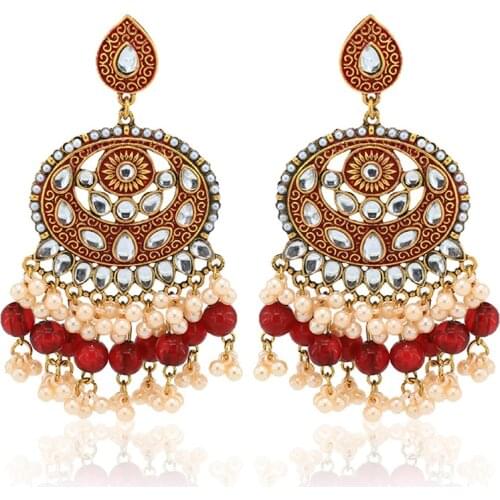 Bollywood Ethnic Bridal Bride Jhumka Jhumki Indian Drop Earrings for Women Red Beads Pearl Long Tassel Earring Party Jewelry