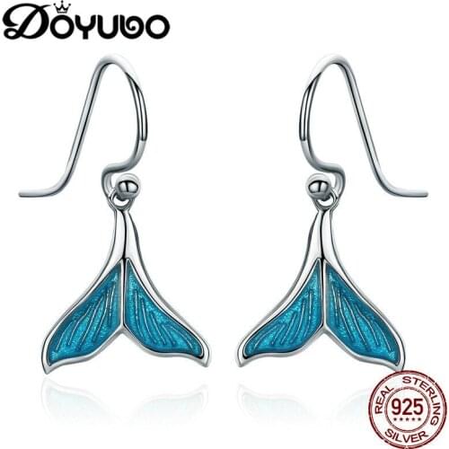DOYUBO New Design Womens 925 Sterling Silver Drop Earrings With Blue Enamel Fish Tail Shape Lady Fashion Silver Earrings AFF004