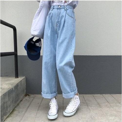 High Waist Wide Leg Denim Trousers Women Solid Straight Jeans Vintage Students Loose Fashion Harajuku Womens Chic Casual Pants