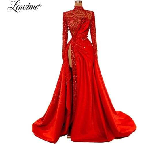 Red Carpet Long Party Dresses Celebrity Evening Dress 2020 Illusion High Split Side Sexy Prom Gown Full Sleeves Robe De Soiree