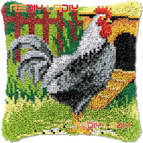 Latch Hook Cushion Farmland Cock DIY Needlepoint Kits Chunky Acrylic Yarn Arts Crocheting Lofty Pillow Case Hobby & Crafts