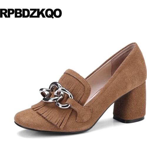 Square Toe Fringe Designer Brand Shoes Women Tassel Suede Pumps Retro Size 4 34 Brown High Heels 2018 Block Metal Italian Chain