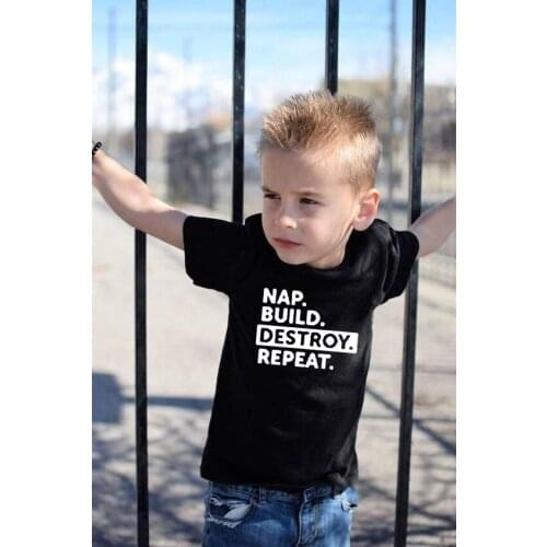 Nap Build Destory Repeat Print Summer Kids Funny T-shirt Unisex Toddler Fashion Short Sleeve Shirts Tops Children Cute T Shirt