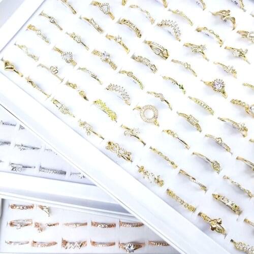 MixMax 30 Pieces Luxurious Womens Rings Gold Silver Plated Inlaid Zircon Stone Copper Fashion Jewelry Wholesale Lot