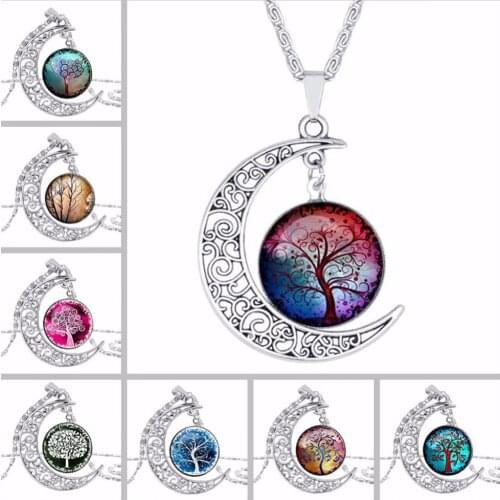 Fashion Life Tree Pendant Necklace Vintage Silver Color Chain Necklace in Jewelry Classic Glass Cabochon Necklace #249947