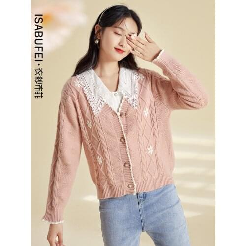 Autumn 2021 new V-neck knitted cardigan jacket female design sense small fresh printed sweater