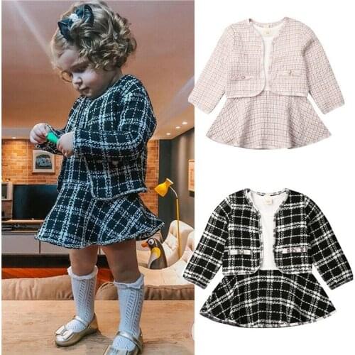 2019 Autumn Winter Boutique Kids Baby Girls Pageant Party Clothes Set Long Sleeve Plaid Coat+Tutu Dress Outfit Clothes 2PCS
