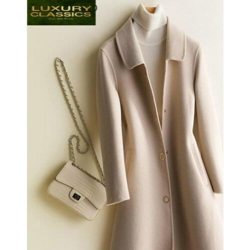 Coats Autumn Winter Women 100% Natural Wool Coat Female Slim Long Spring Clothes Elegant Sided Woolen Overcoat LWL1322