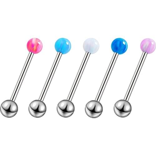 Opal Tongue Bar 5mm Gem Straight Barbell 14G Surgical Steel Crystal Stone Fahion Body Piercing Jewelry Nipple Ring