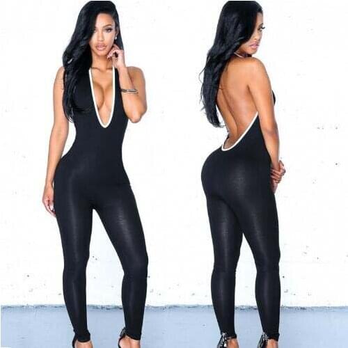 Sexy Black Spandex Lycra Deep V-Neck Jumpsuit Womens Halter Catsuit Club Wear Backless Halloween Party Costume