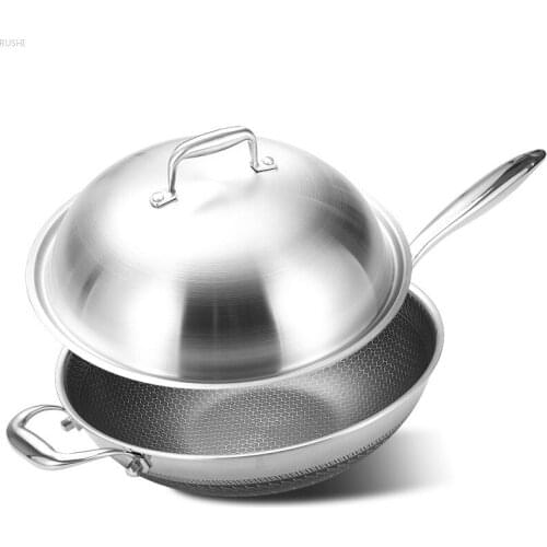 Wok Pan 304 Stainless Steel No-lampblack Non-stick with Cover Cooking Wok Pan for Induction Cooker Gas Stoves Cookware Flat Pots