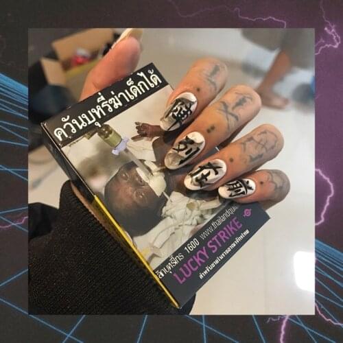 Taoist school black and white pure color with Written words pattern fake nails lady full nail tips middle-long false nails