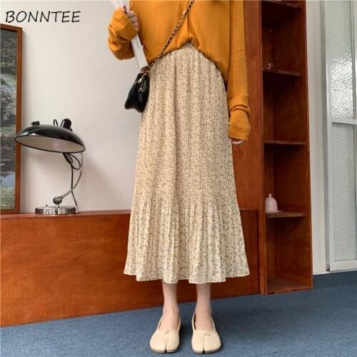 Skirts Women Elegant Pastel Floral Summer Saia Feminina Summer Elastic High Waist Korean Style A-line Fashion All-match Folds
