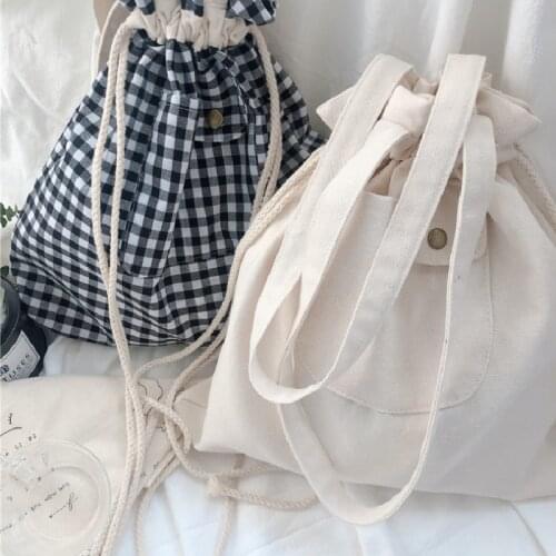 Female Canvas Bag Retro Plaid Drawstring Shoulder Underarm Bags Ins Casual Large Capacity Tote Bags Сумка Aнская Через Плечо