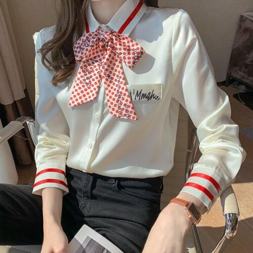 2021 Summer Spring Runway Letter Print Striped Shirts Women Long Sleeves Tops Femme Dot Bowknot Shirts Elegant Sexy Silk Blouse