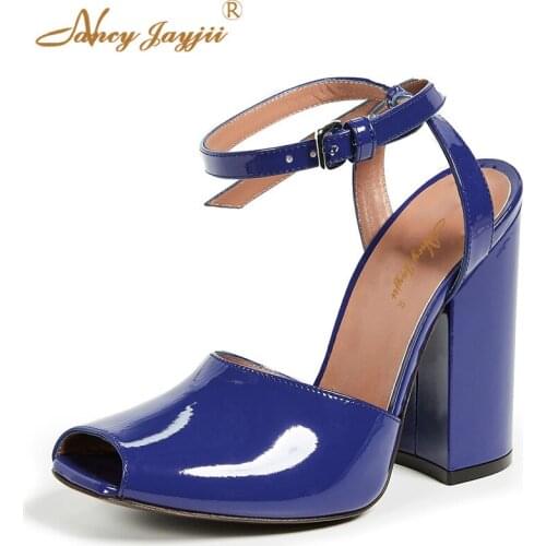 Women shoes Adult Ladies Sandals Patent Leather Blue Solid Super High Square heels Buckle Strap Ankle-Strap Sexy Mature Casual
