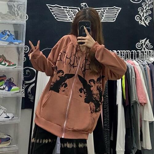 2021 BIGGORANGE New Hoodie Angel Print Dark Print Jacket Jacket Womens Hip Hop Streetwear Harajuku Anime Hoodie Zipper