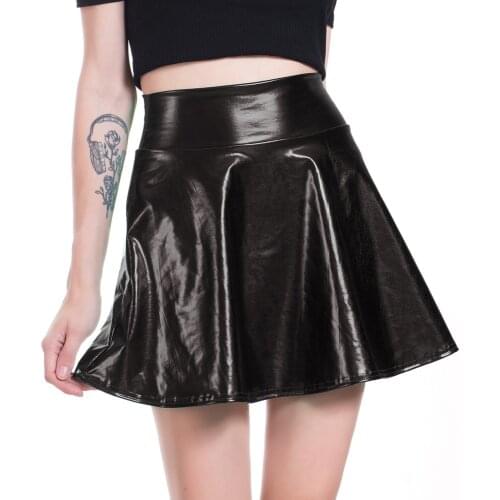 Plus Size Womens Black Mini Skirts Bodycon A-Line Elastic Waist Latex Pleated Skirts Shiny PU Leather PVC Dance Clubwear Falda