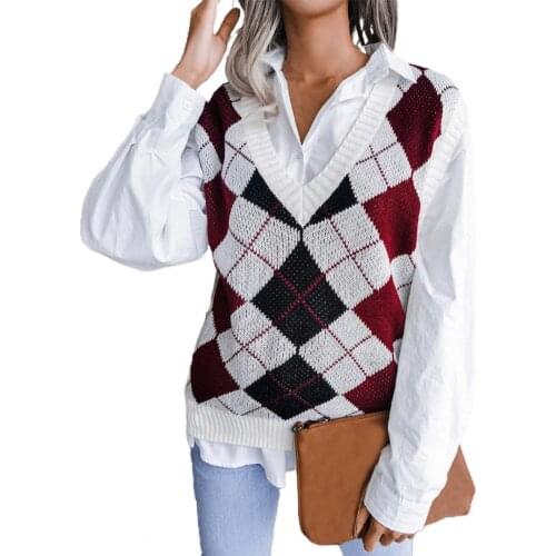 Sweet Plaid Pattern Women Sweater Vest Loose Sleeveless Knitwear Autumn 2021 V Neck Loose Knitted Vest Streetwear