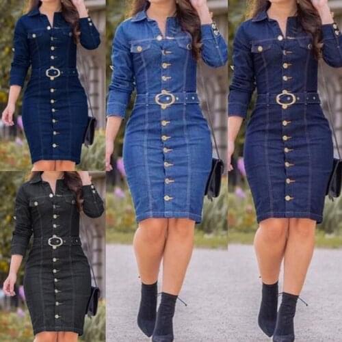 Denim Dresses Women Button Knee Length Spring Autumn Vintage Vestidos Robe Casual Slim Ladies Office Dress Shirt Jeans Dress