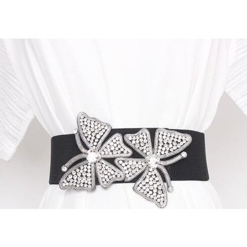 Womens runway fashion rhinestone butterfly elastic Cummerbunds female Dress Corsets Waistband Belts decoration wide belt R2927