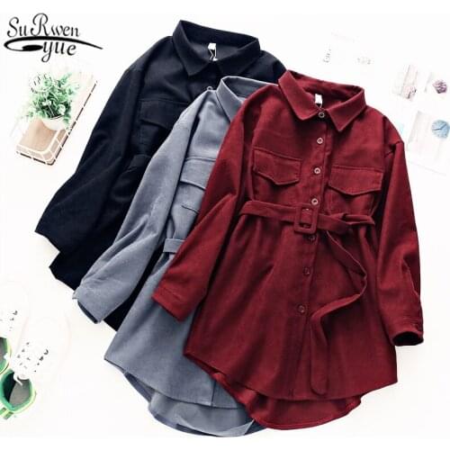 Harajuku Corduroy Long Sleeve Dress Women Solid Buttons Turn-down Collar Elegant Sashes Womens Vintage with chic Pockets 12007
