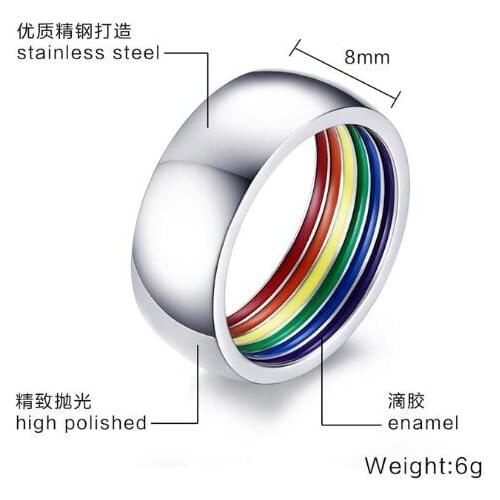 20pcs/lot MIXORDER 7-12# Fashion Inside Rainbow Ring Classic 8mm Stainless Steel Ring Male Ring Gay Pride Jewelry Wholesale