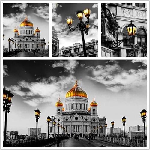 ARMYQZ 5D DIY full diamond diamond painting building castle black and white landscape diamond embroidery cross stitch kit rhines