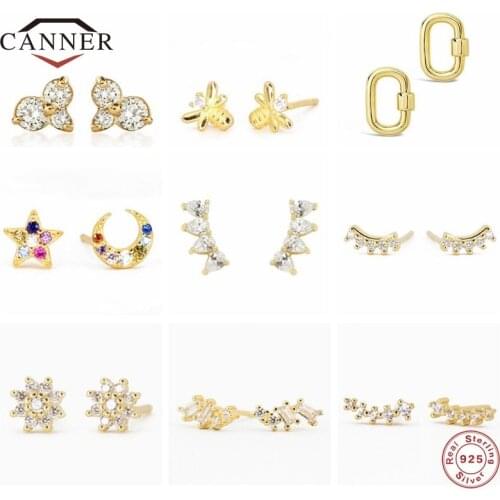CANNER 100% 925 Sterling Silver 18k Gold Plated Small Stud Earrings for Women Pendientes Zirconia Piercing Earring Jewelry Gift