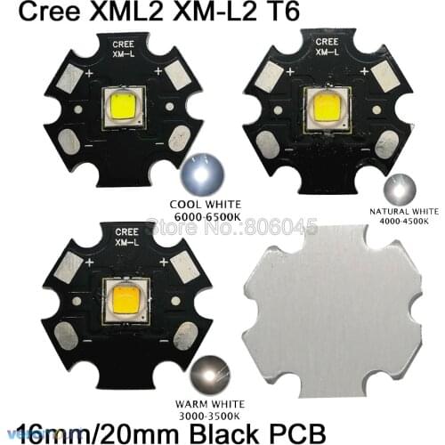 CREE XML2 XM-L2 T6 Cool White 6500K Neutral White 5000K Warm White 3000K High Power LED Emitter 16mm 20mm Black Aluminum PCB