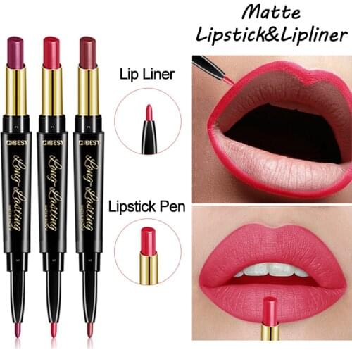 Double Head Matte Lipstick Pen & Lip Liner Moisturizes Red Matte Waterproof Lip Stick Nude Lipstick Set Cosmetics Make Up