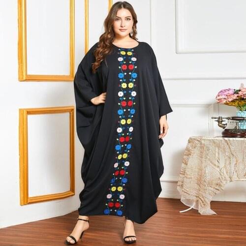 Elegant Flower Embroidery Muslim Abaya Black Batwing Sleeve Oversize Kaftan Elbise Vestidos Robe Musulmane Longue Femme black